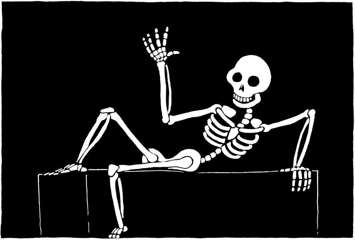 A skeleton waving hello.